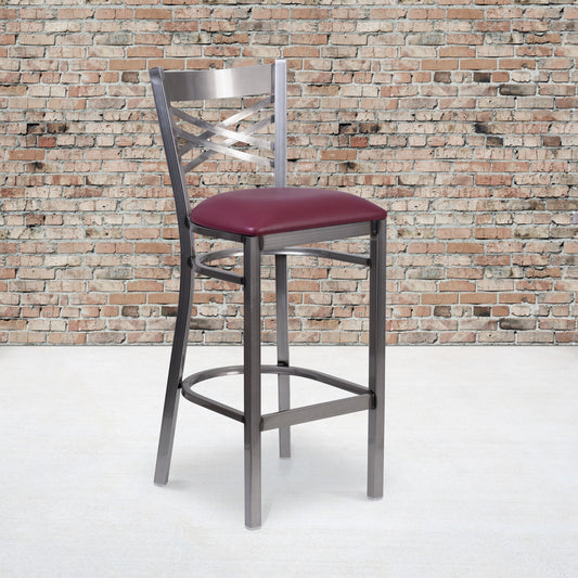 HERCULES Series Silver Antique Finish with Clear Coat ''X'' Back Metal Restaurant Barstool - Burgundy Vinyl Seat Burgundy Vinyl Seat/Clear Coated Metal Frame