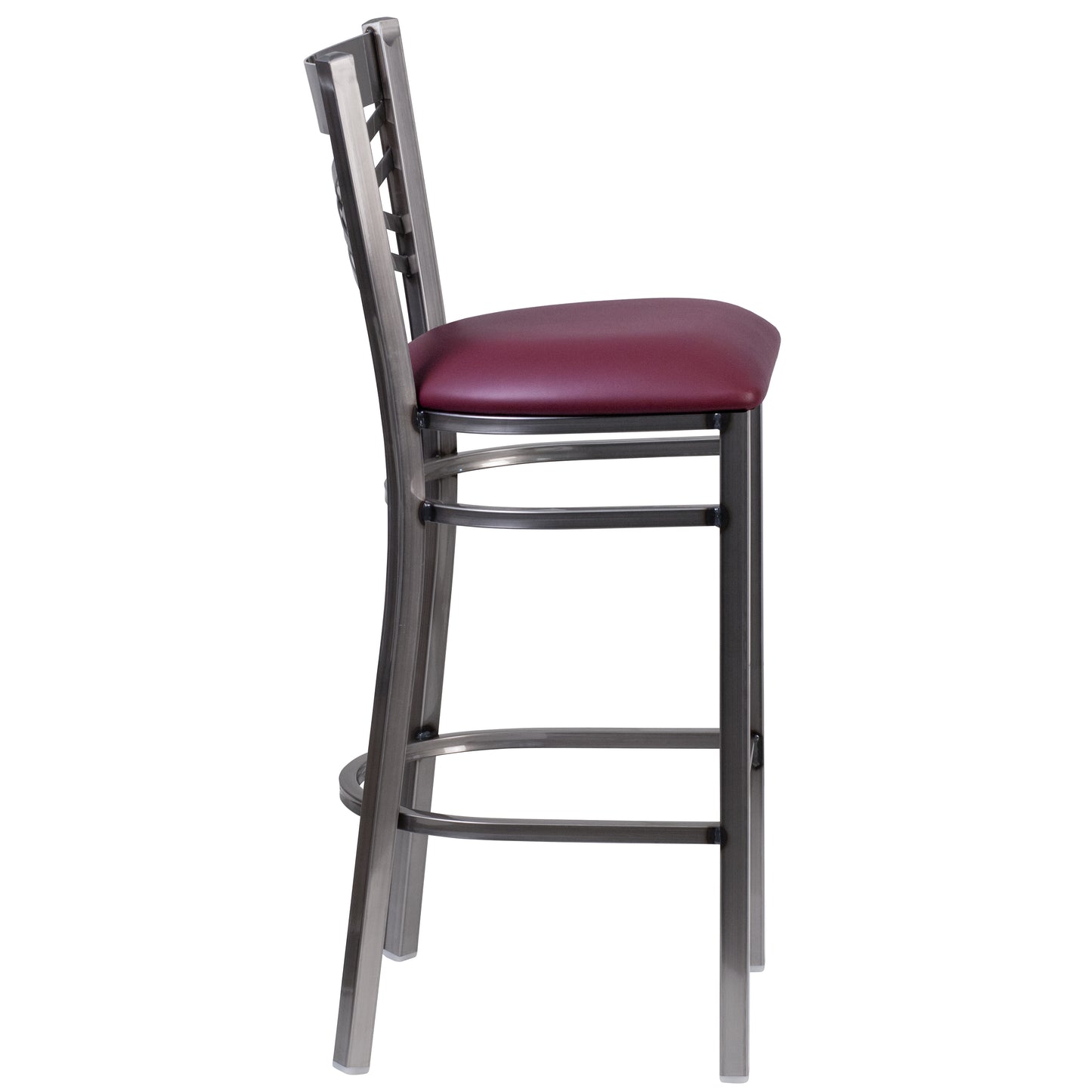 HERCULES Series Silver Antique Finish with Clear Coat ''X'' Back Metal Restaurant Barstool - Burgundy Vinyl Seat Burgundy Vinyl Seat/Clear Coated Metal Frame XU-6F8B-CLR-BAR-BURV-GG