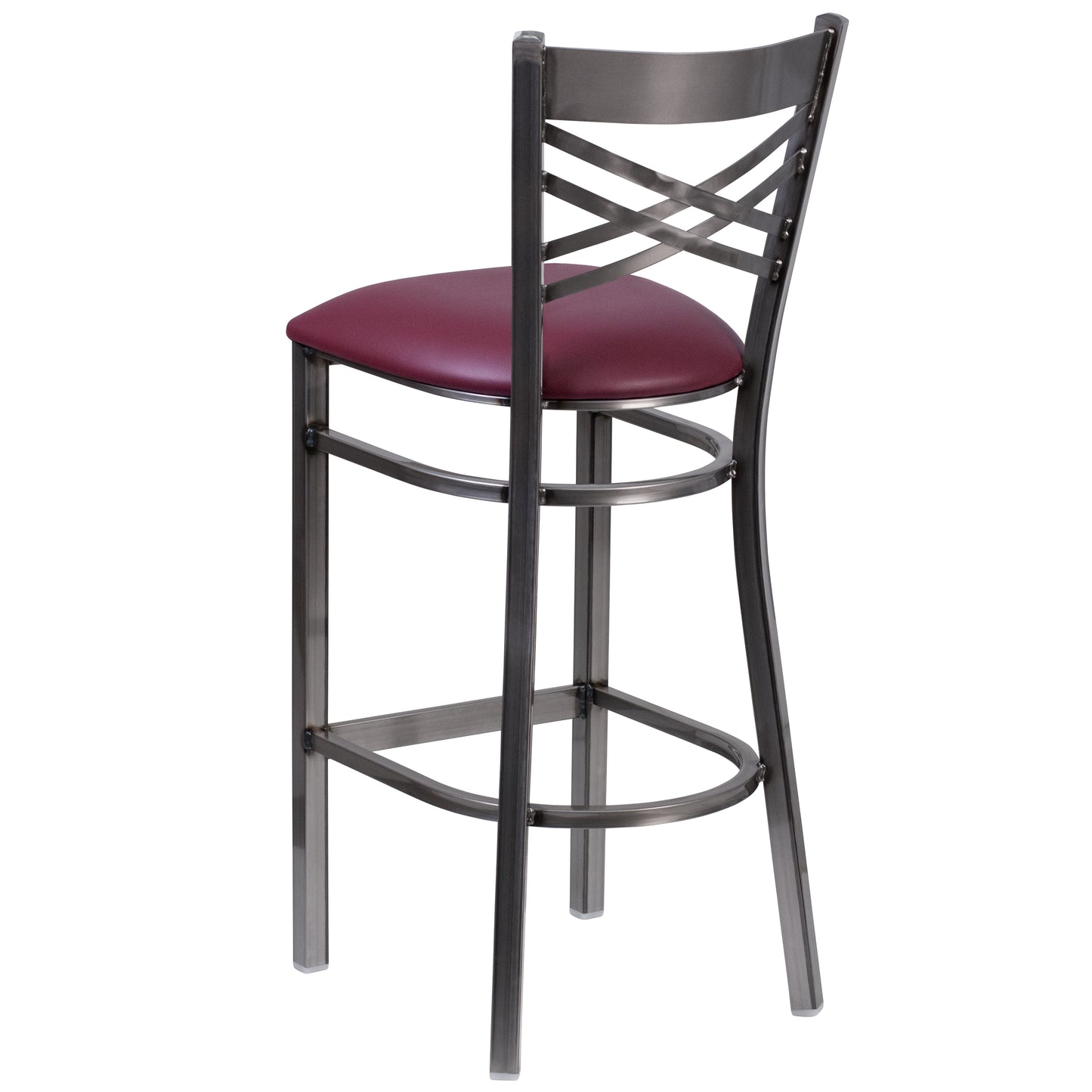 HERCULES Series Silver Antique Finish with Clear Coat ''X'' Back Metal Restaurant Barstool - Burgundy Vinyl Seat Burgundy Vinyl Seat/Clear Coated Metal Frame XU-6F8B-CLR-BAR-BURV-GG