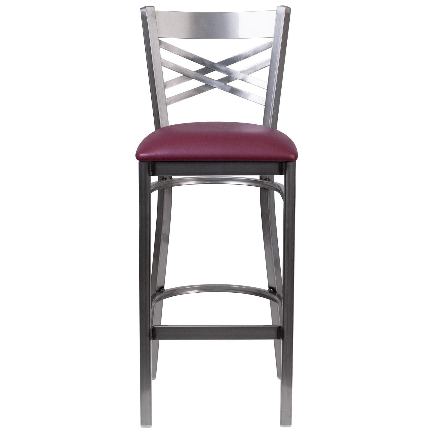 HERCULES Series Silver Antique Finish with Clear Coat ''X'' Back Metal Restaurant Barstool - Burgundy Vinyl Seat Burgundy Vinyl Seat/Clear Coated Metal Frame XU-6F8B-CLR-BAR-BURV-GG