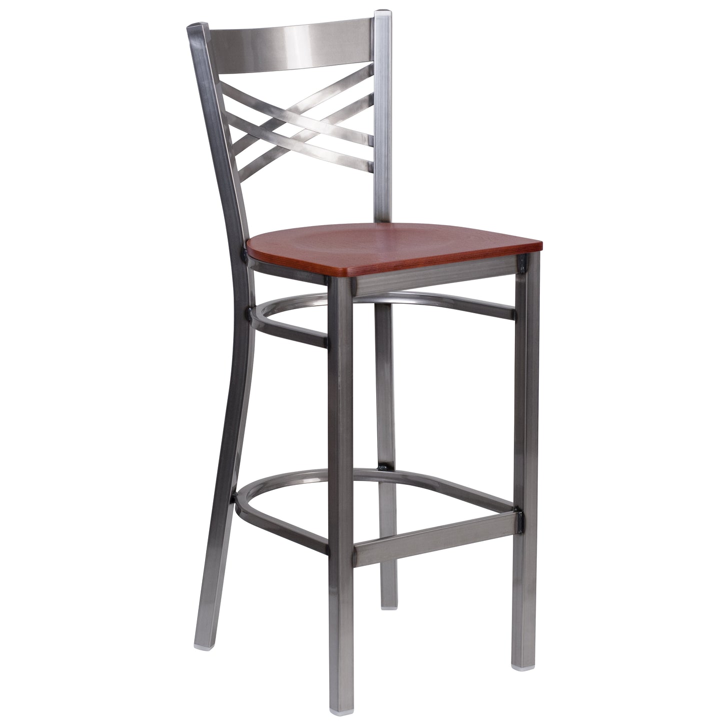 HERCULES Series Silver Antique Finish with Clear Coat ''X'' Back Metal Restaurant Barstool - Cherry Wood Seat Cherry Wood Seat/Clear Coated Metal Frame XU-6F8B-CLR-BAR-CHYW-GG