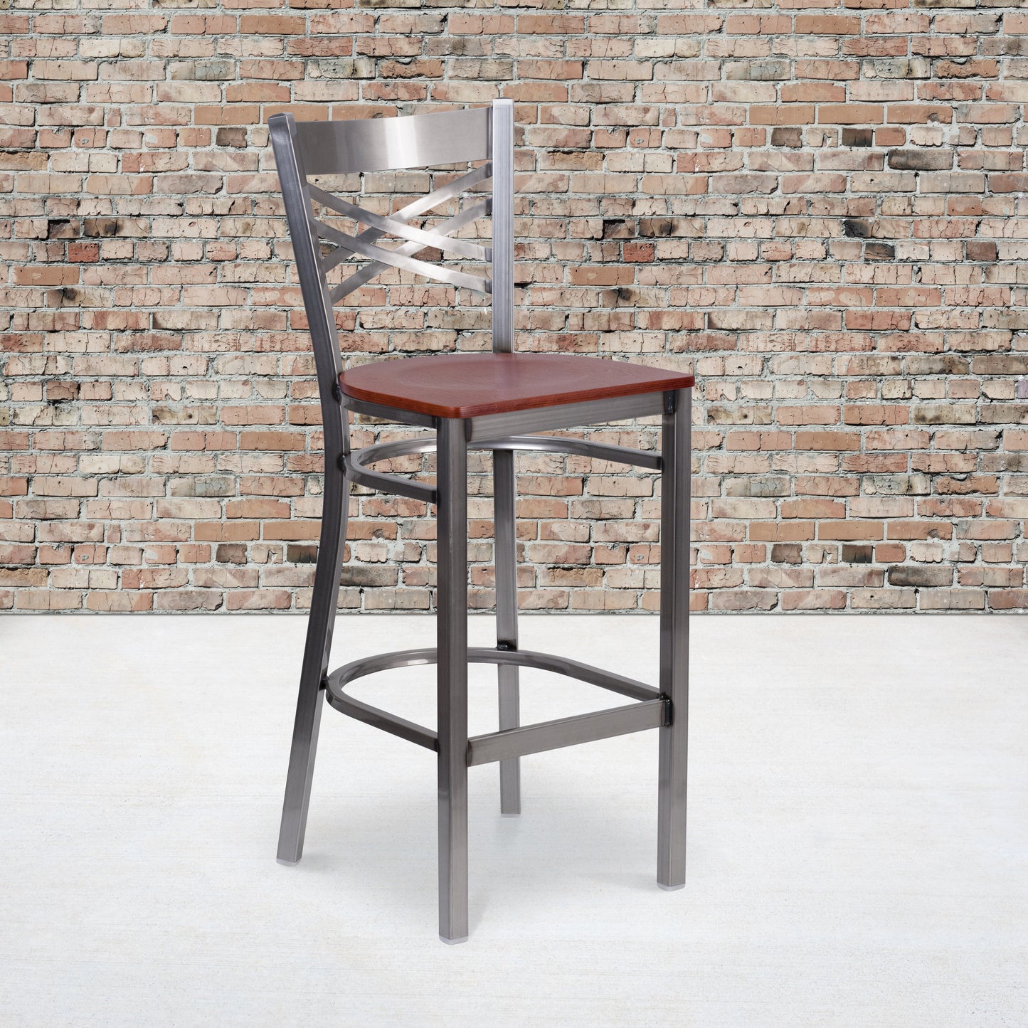 HERCULES Series Silver Antique Finish with Clear Coat ''X'' Back Metal Restaurant Barstool - Cherry Wood Seat Cherry Wood Seat/Clear Coated Metal Frame XU-6F8B-CLR-BAR-CHYW-GG