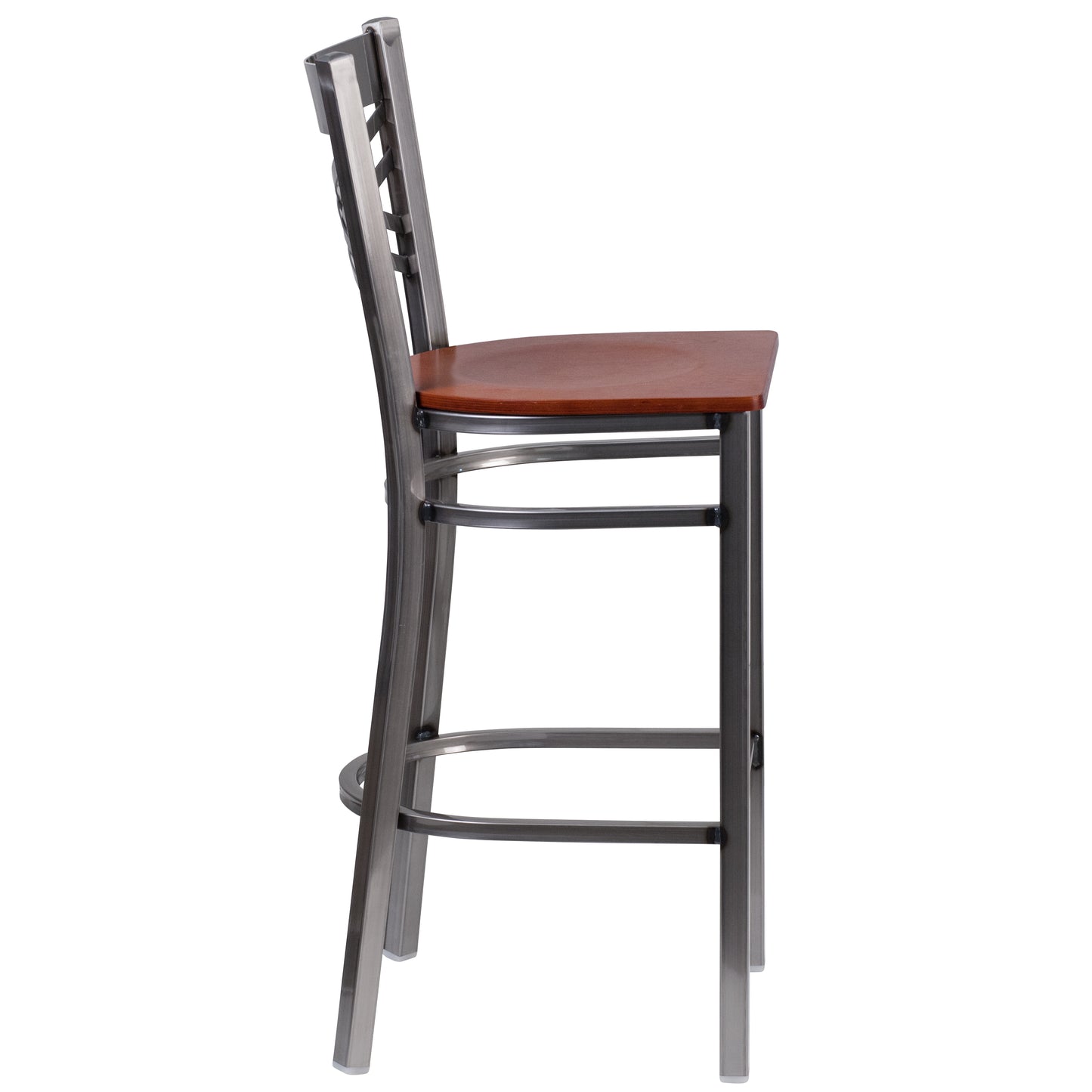 HERCULES Series Silver Antique Finish with Clear Coat ''X'' Back Metal Restaurant Barstool - Cherry Wood Seat Cherry Wood Seat/Clear Coated Metal Frame XU-6F8B-CLR-BAR-CHYW-GG