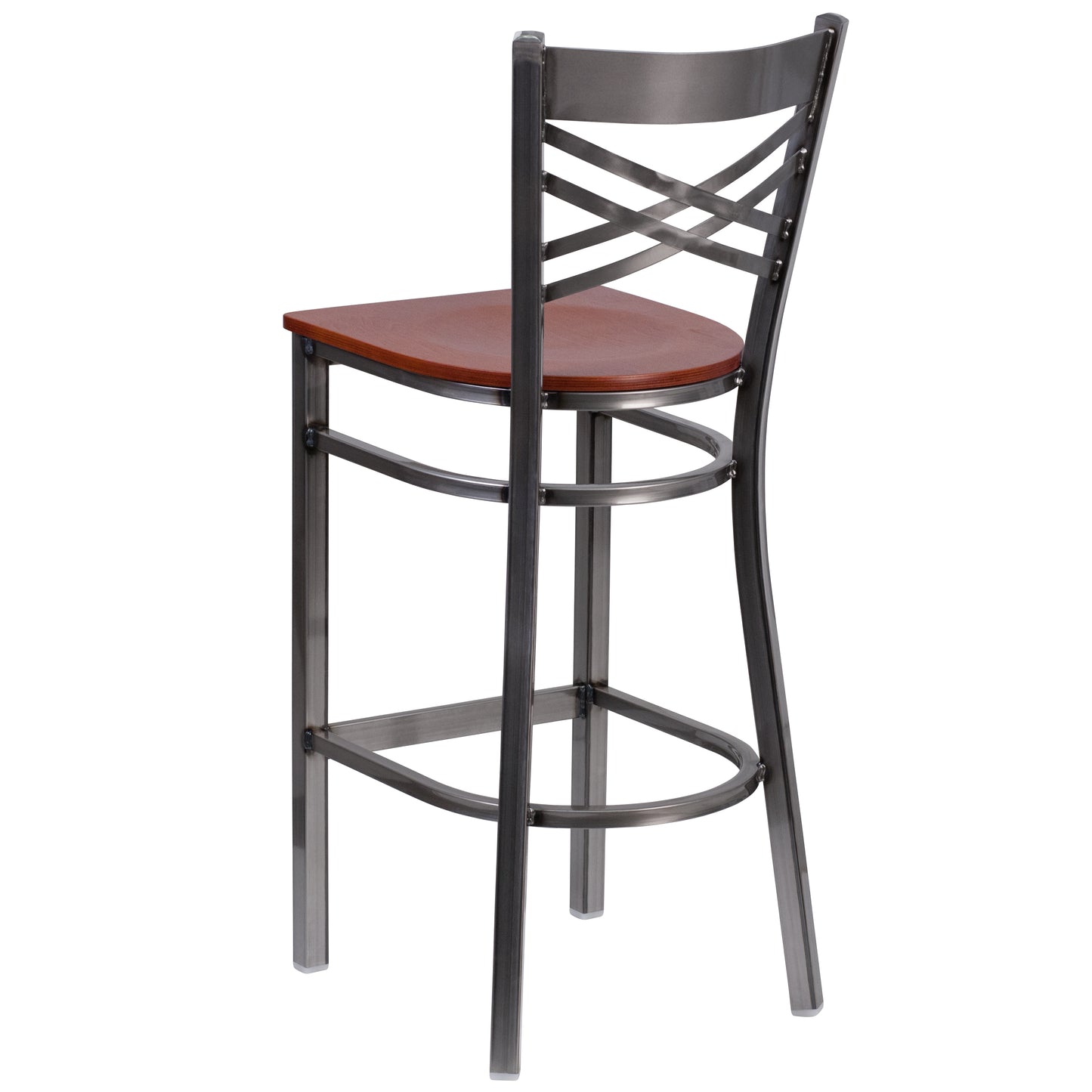 HERCULES Series Silver Antique Finish with Clear Coat ''X'' Back Metal Restaurant Barstool - Cherry Wood Seat Cherry Wood Seat/Clear Coated Metal Frame XU-6F8B-CLR-BAR-CHYW-GG