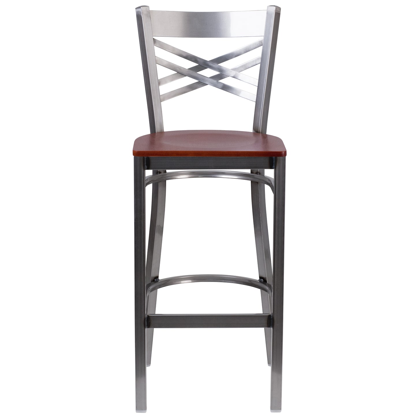 HERCULES Series Silver Antique Finish with Clear Coat ''X'' Back Metal Restaurant Barstool - Cherry Wood Seat Cherry Wood Seat/Clear Coated Metal Frame XU-6F8B-CLR-BAR-CHYW-GG