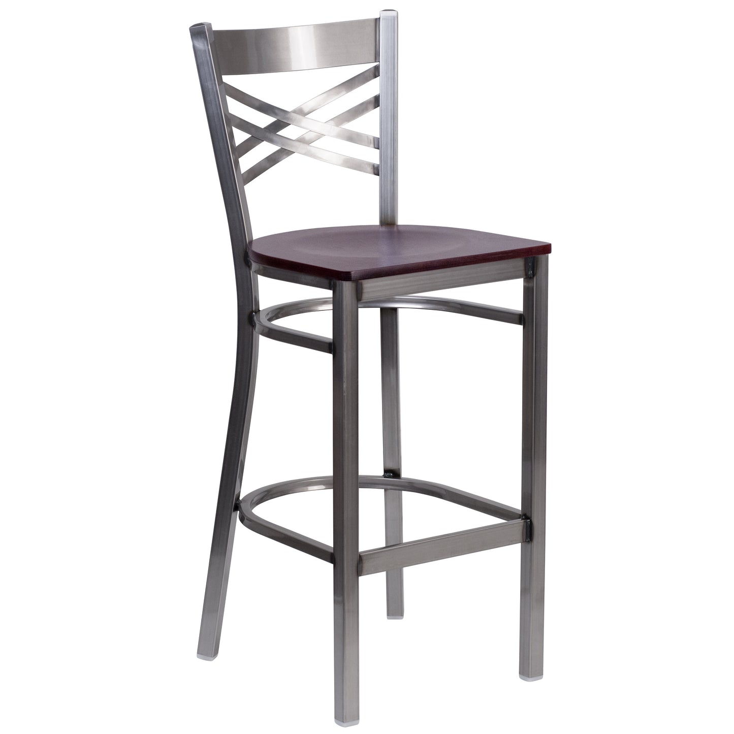 HERCULES Series Silver Antique Finish with Clear Coat ''X'' Back Metal Restaurant Barstool - Mahogany Wood Seat Mahogany Wood Seat/Clear Coated Metal Frame XU-6F8B-CLR-BAR-MAHW-GG