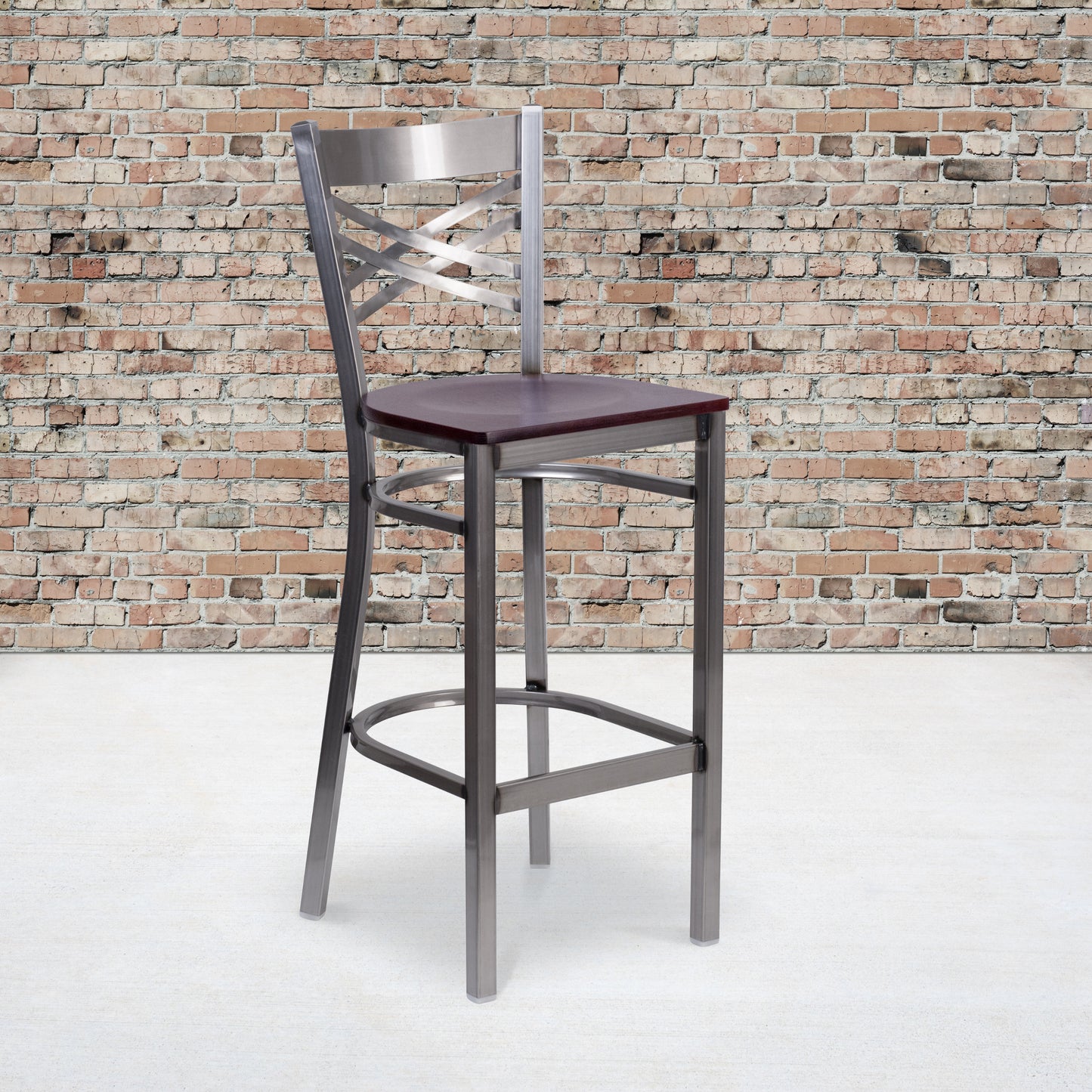 HERCULES Series Silver Antique Finish with Clear Coat ''X'' Back Metal Restaurant Barstool - Mahogany Wood Seat Mahogany Wood Seat/Clear Coated Metal Frame XU-6F8B-CLR-BAR-MAHW-GG