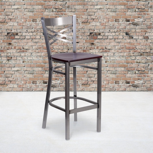 HERCULES Series Silver Antique Finish with Clear Coat ''X'' Back Metal Restaurant Barstool - Mahogany Wood Seat Mahogany Wood Seat/Clear Coated Metal Frame