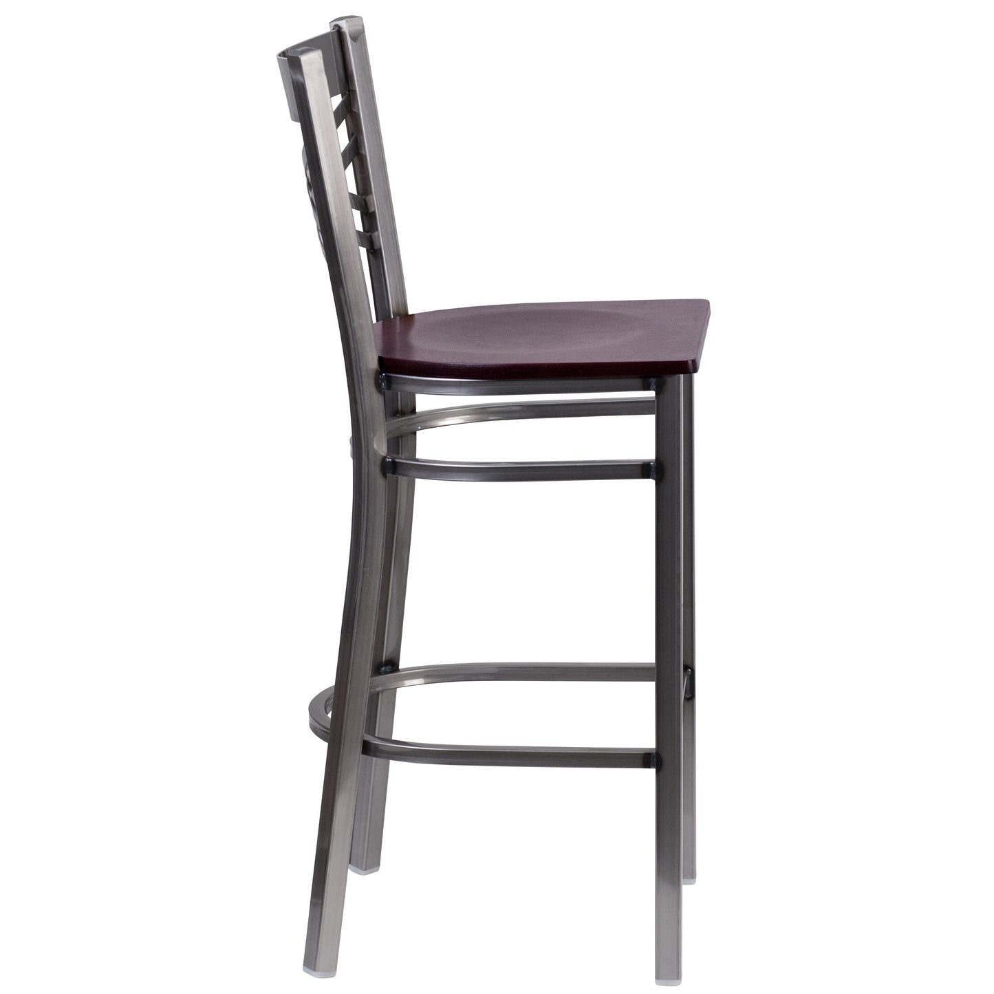 HERCULES Series Silver Antique Finish with Clear Coat ''X'' Back Metal Restaurant Barstool - Mahogany Wood Seat Mahogany Wood Seat/Clear Coated Metal Frame XU-6F8B-CLR-BAR-MAHW-GG