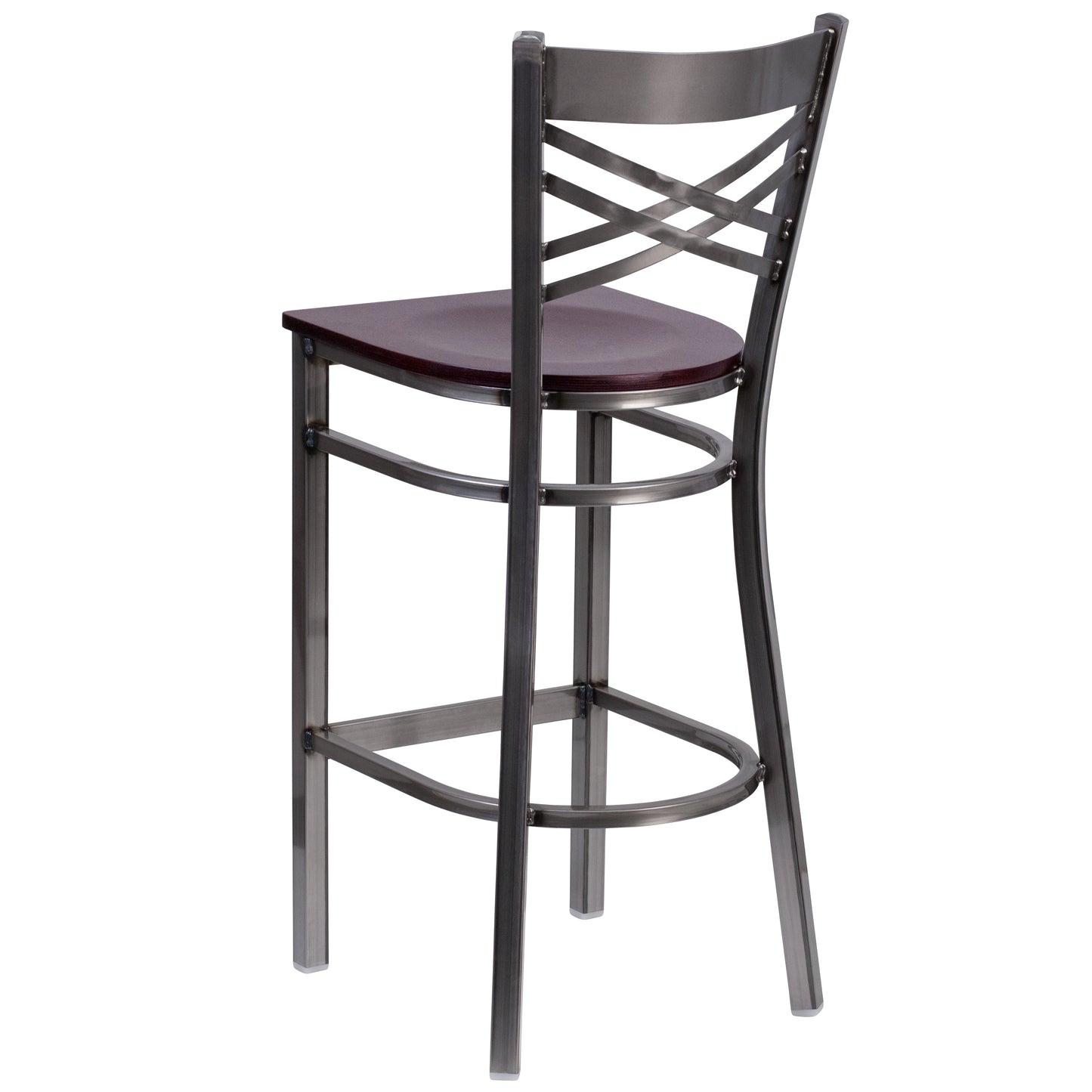 HERCULES Series Silver Antique Finish with Clear Coat ''X'' Back Metal Restaurant Barstool - Mahogany Wood Seat Mahogany Wood Seat/Clear Coated Metal Frame XU-6F8B-CLR-BAR-MAHW-GG