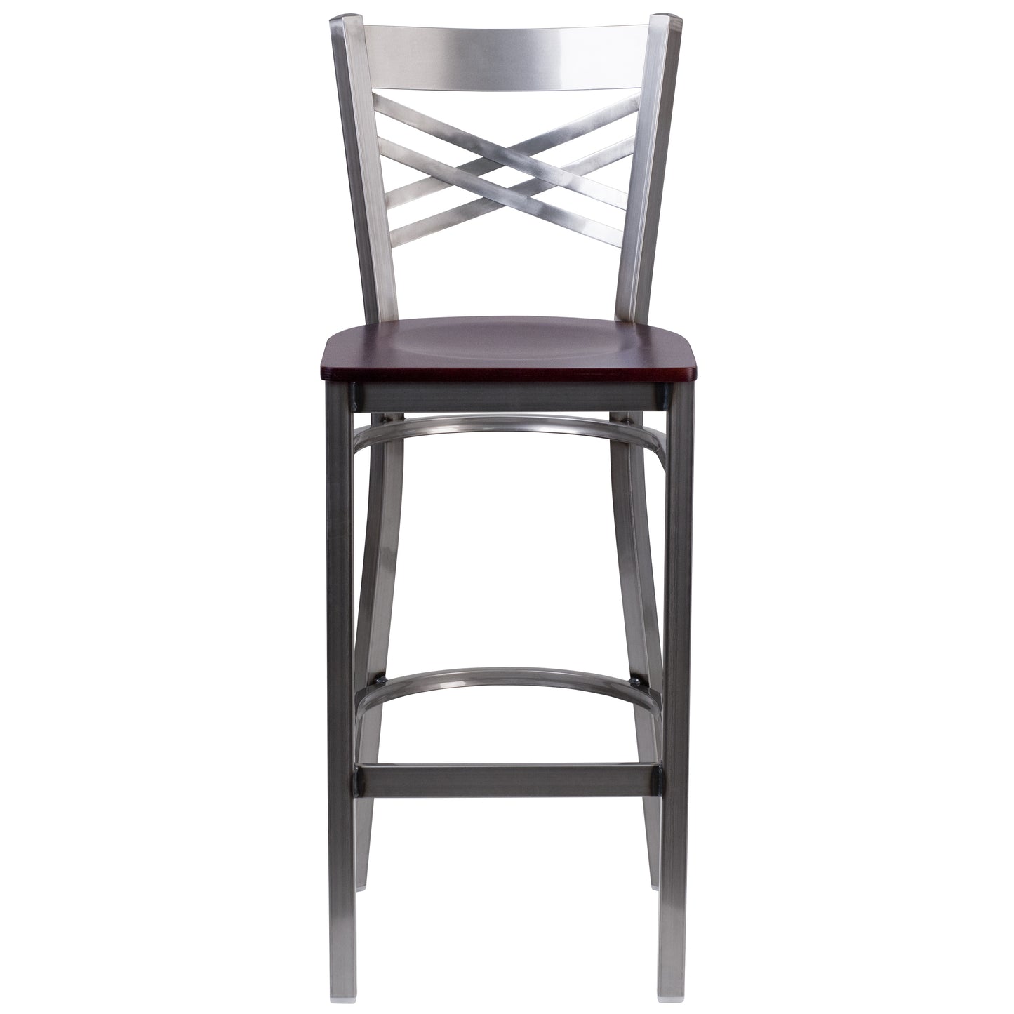 HERCULES Series Silver Antique Finish with Clear Coat ''X'' Back Metal Restaurant Barstool - Mahogany Wood Seat Mahogany Wood Seat/Clear Coated Metal Frame XU-6F8B-CLR-BAR-MAHW-GG