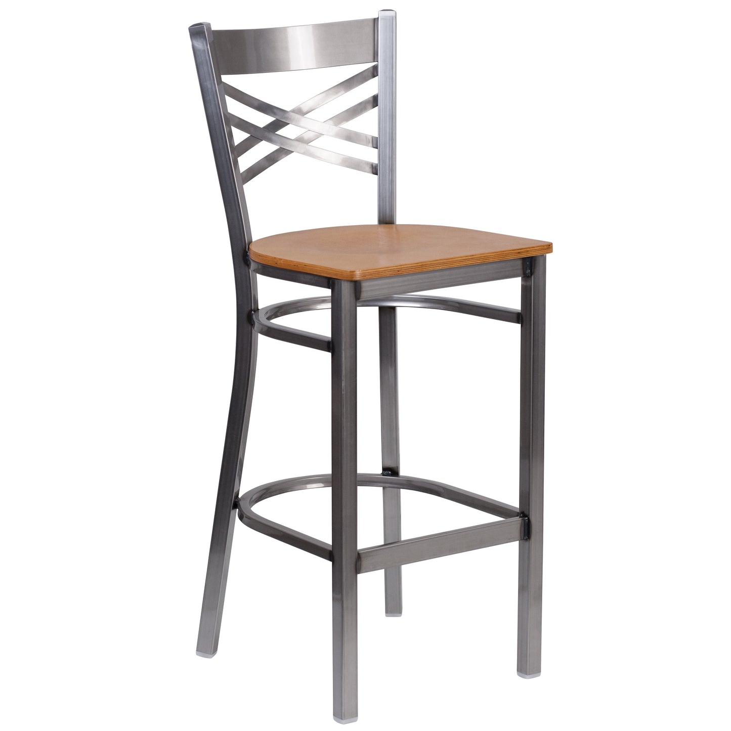 HERCULES Series Silver Antique Finish with Clear Coat ''X'' Back Metal Restaurant Barstool - Natural Wood Seat Natural Wood Seat/Clear Coated Metal Frame XU-6F8B-CLR-BAR-NATW-GG
