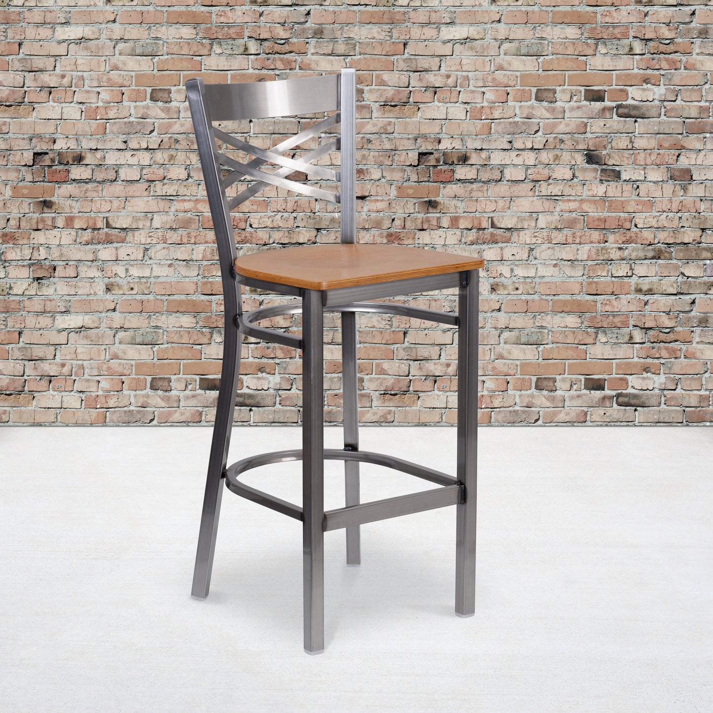 HERCULES Series Silver Antique Finish with Clear Coat ''X'' Back Metal Restaurant Barstool - Natural Wood Seat Natural Wood Seat/Clear Coated Metal Frame XU-6F8B-CLR-BAR-NATW-GG