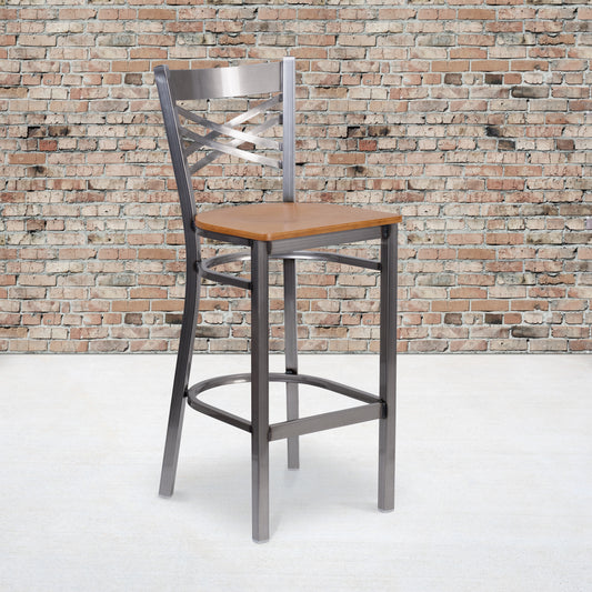 HERCULES Series Silver Antique Finish with Clear Coat ''X'' Back Metal Restaurant Barstool - Natural Wood Seat Natural Wood Seat/Clear Coated Metal Frame