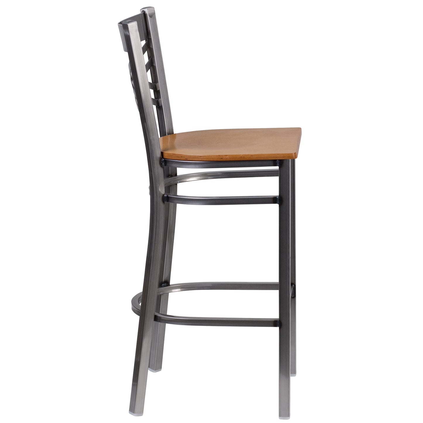 HERCULES Series Silver Antique Finish with Clear Coat ''X'' Back Metal Restaurant Barstool - Natural Wood Seat Natural Wood Seat/Clear Coated Metal Frame XU-6F8B-CLR-BAR-NATW-GG