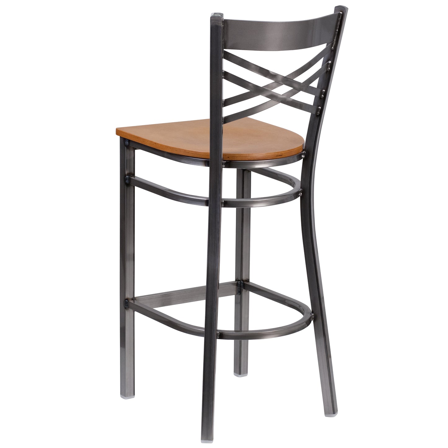 HERCULES Series Silver Antique Finish with Clear Coat ''X'' Back Metal Restaurant Barstool - Natural Wood Seat Natural Wood Seat/Clear Coated Metal Frame XU-6F8B-CLR-BAR-NATW-GG