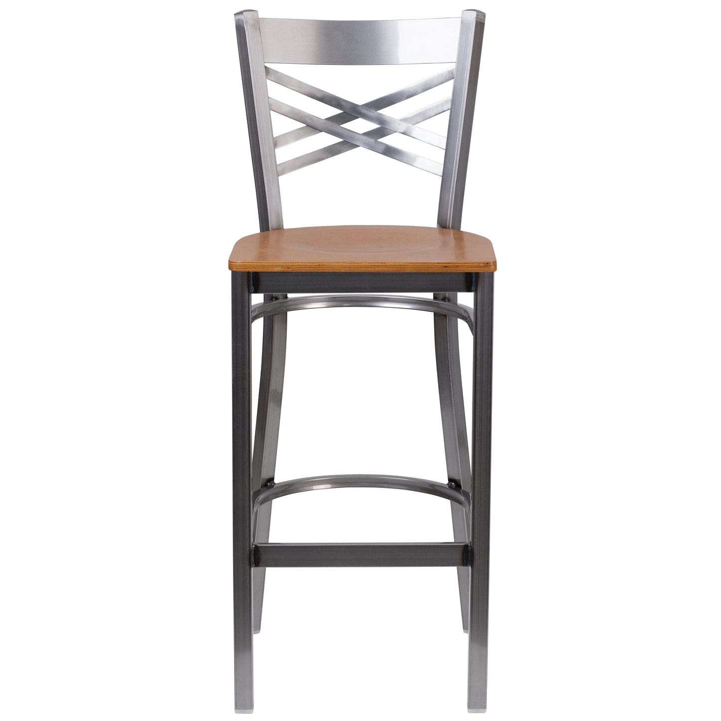 HERCULES Series Silver Antique Finish with Clear Coat ''X'' Back Metal Restaurant Barstool - Natural Wood Seat Natural Wood Seat/Clear Coated Metal Frame XU-6F8B-CLR-BAR-NATW-GG