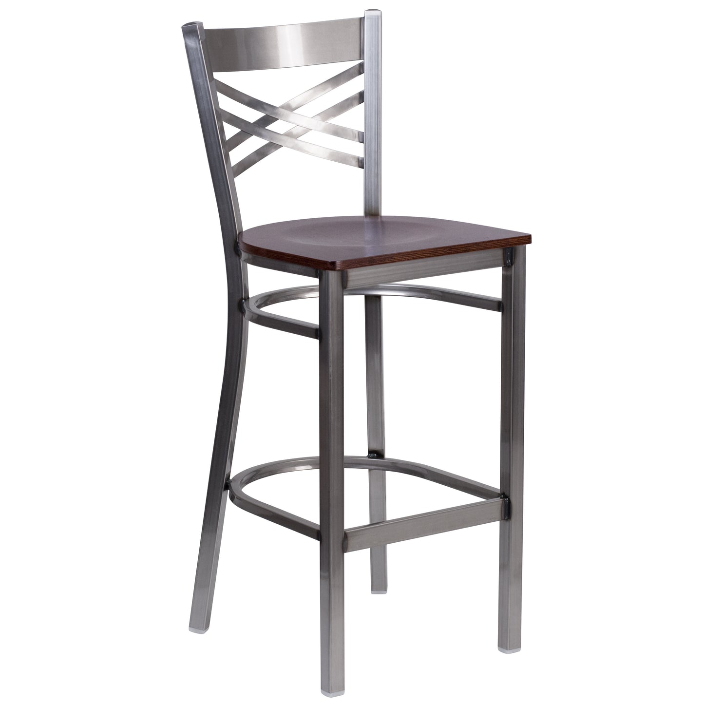 HERCULES Series Silver Antique Finish with Clear Coat ''X'' Back Metal Restaurant Barstool - Walnut Wood Seat Walnut Wood Seat/Clear Coated Metal Frame XU-6F8B-CLR-BAR-WALW-GG