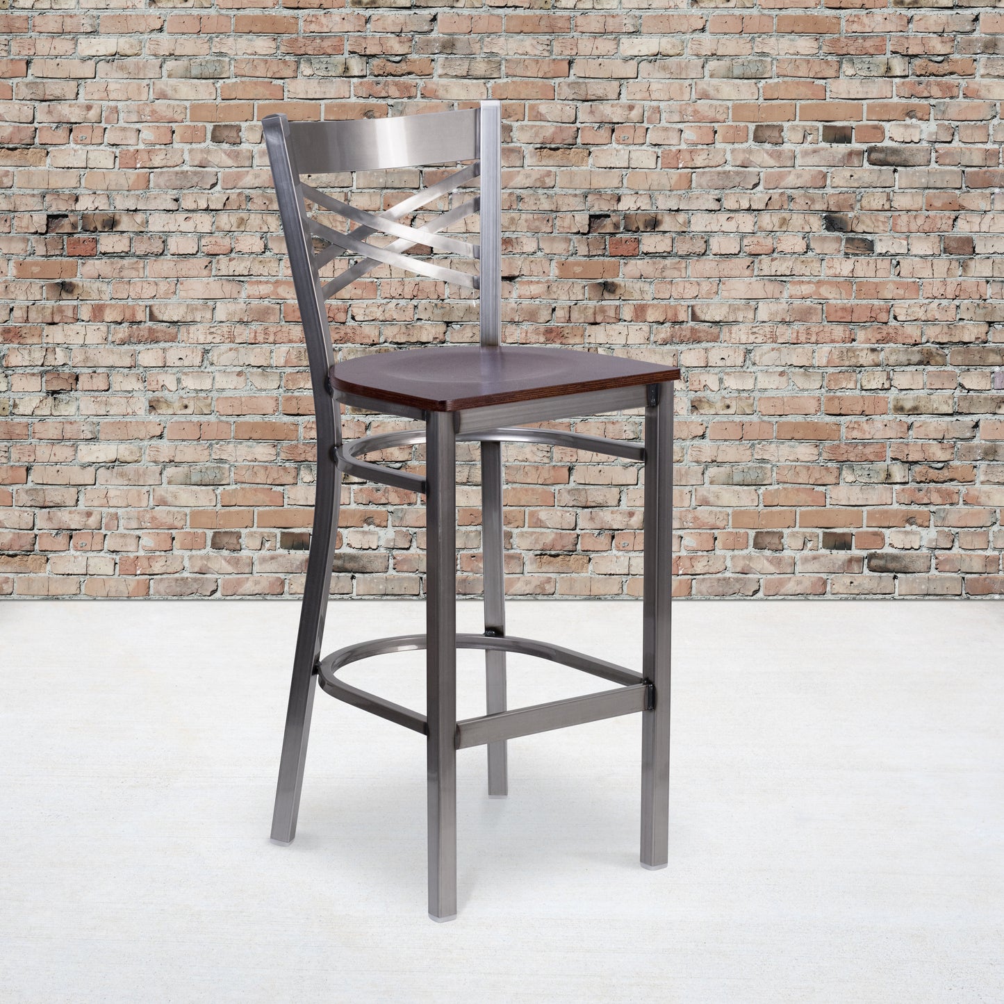 HERCULES Series Silver Antique Finish with Clear Coat ''X'' Back Metal Restaurant Barstool - Walnut Wood Seat Walnut Wood Seat/Clear Coated Metal Frame XU-6F8B-CLR-BAR-WALW-GG