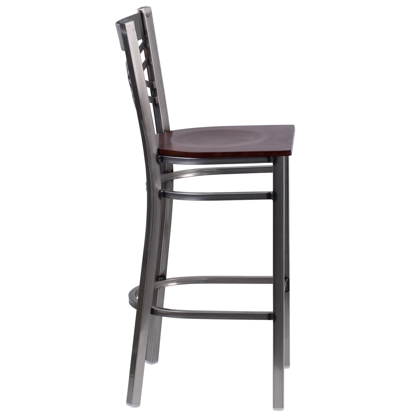 HERCULES Series Silver Antique Finish with Clear Coat ''X'' Back Metal Restaurant Barstool - Walnut Wood Seat Walnut Wood Seat/Clear Coated Metal Frame XU-6F8B-CLR-BAR-WALW-GG