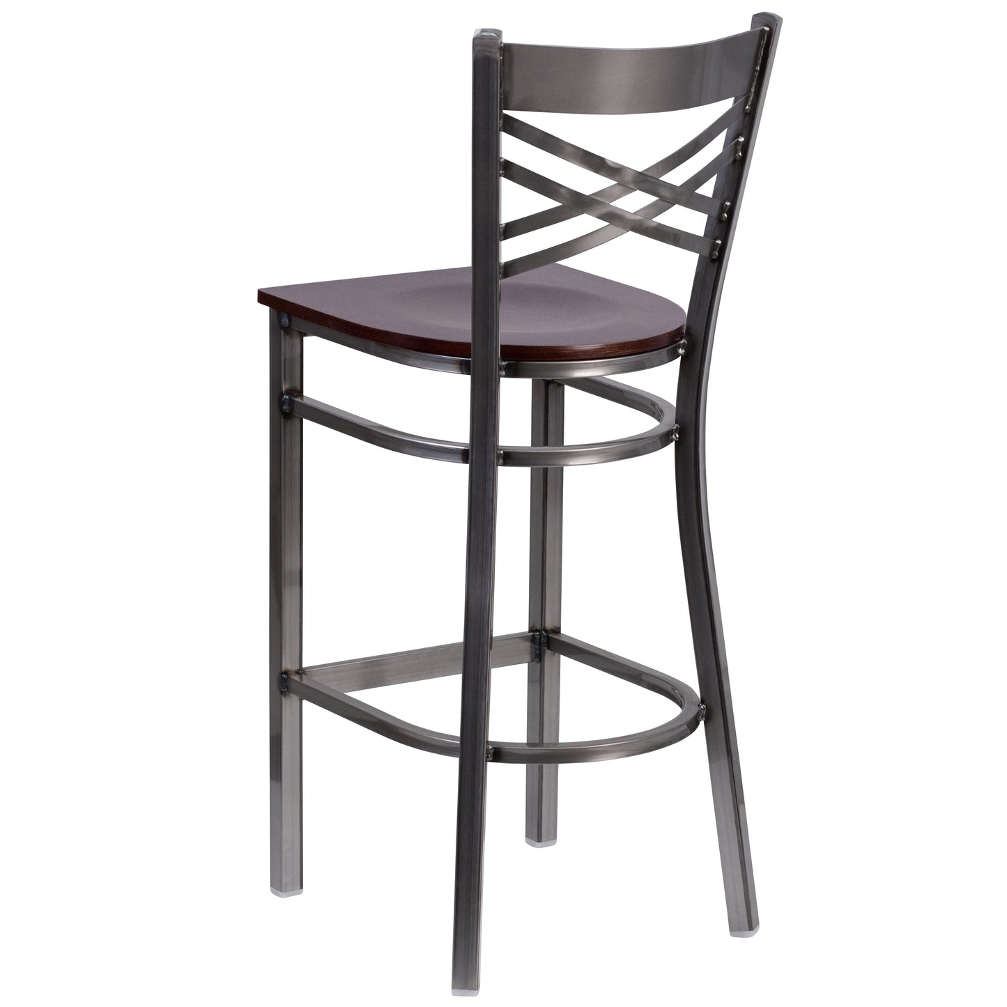 HERCULES Series Silver Antique Finish with Clear Coat ''X'' Back Metal Restaurant Barstool - Walnut Wood Seat Walnut Wood Seat/Clear Coated Metal Frame XU-6F8B-CLR-BAR-WALW-GG