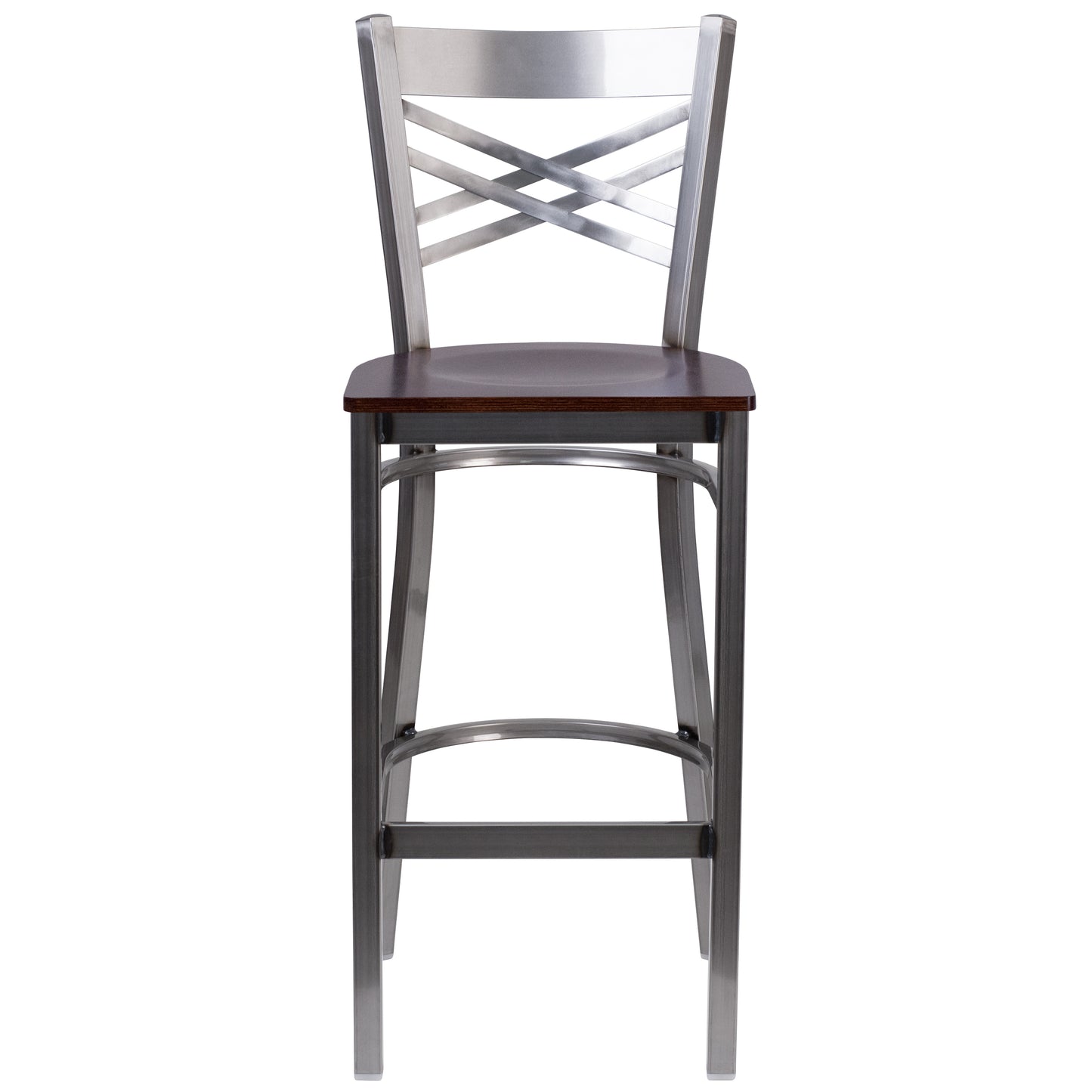 HERCULES Series Silver Antique Finish with Clear Coat ''X'' Back Metal Restaurant Barstool - Walnut Wood Seat Walnut Wood Seat/Clear Coated Metal Frame XU-6F8B-CLR-BAR-WALW-GG