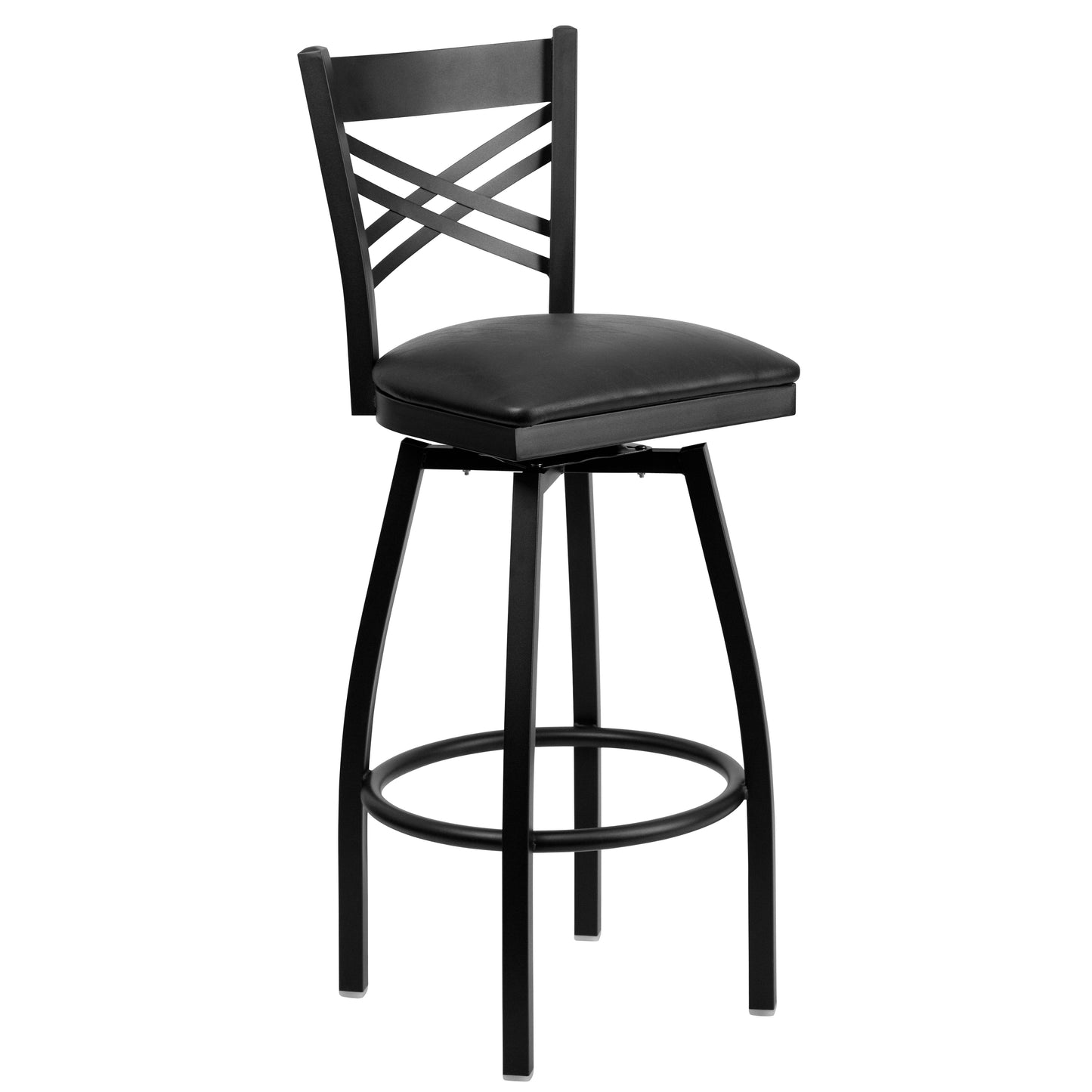 HERCULES Series Black ''X'' Back Swivel Metal Barstool - Black Vinyl Seat Black Vinyl Seat/Black Metal Frame XU-6F8B-XSWVL-BLKV-GG