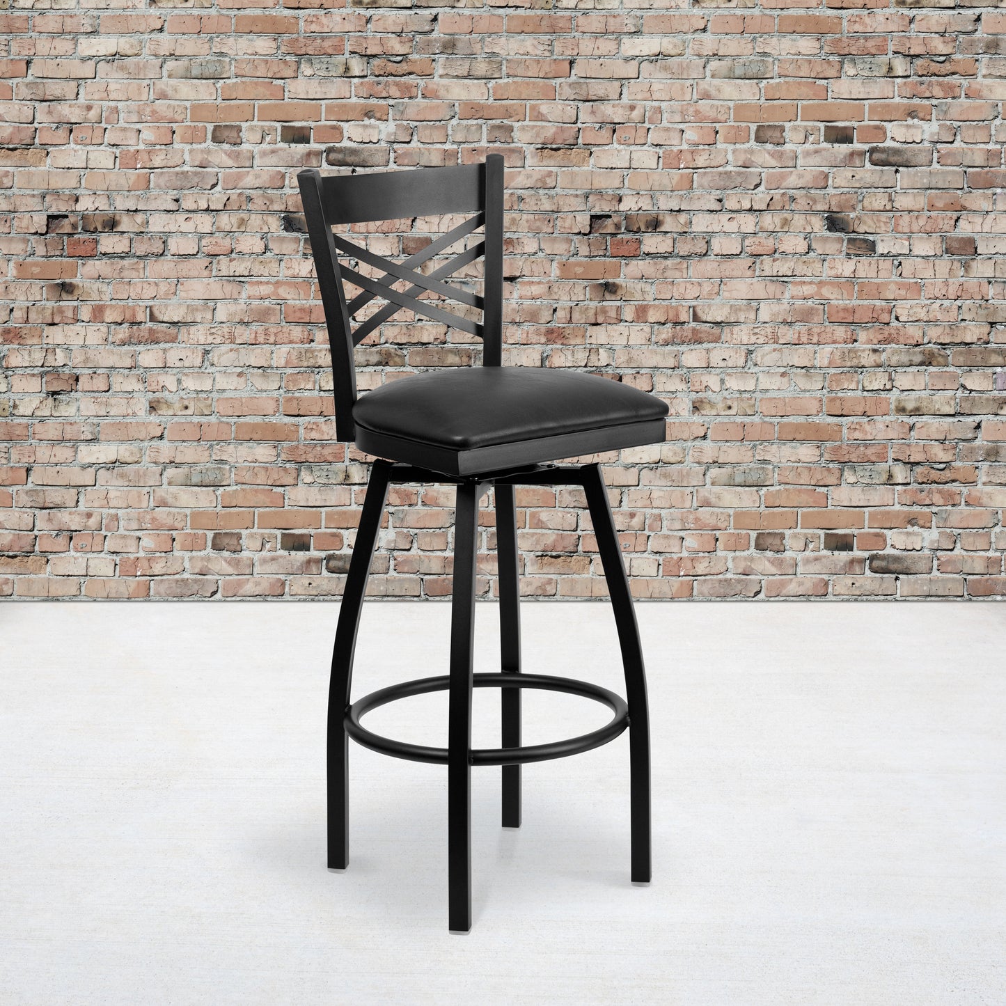 HERCULES Series Black ''X'' Back Swivel Metal Barstool - Black Vinyl Seat Black Vinyl Seat/Black Metal Frame XU-6F8B-XSWVL-BLKV-GG