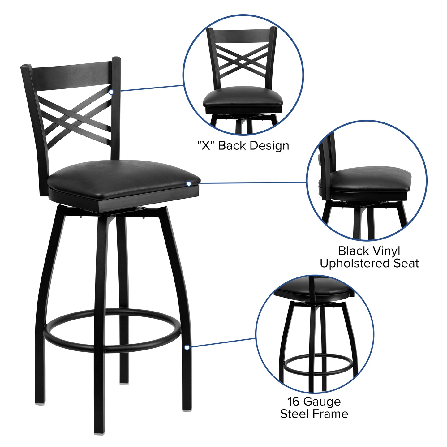 HERCULES Series Black ''X'' Back Swivel Metal Barstool - Black Vinyl Seat Black Vinyl Seat/Black Metal Frame XU-6F8B-XSWVL-BLKV-GG