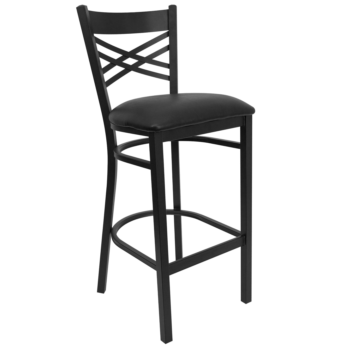 HERCULES Series Black ''X'' Back Metal Restaurant Barstool - Black Vinyl Seat Black Vinyl Seat/Black Metal Frame