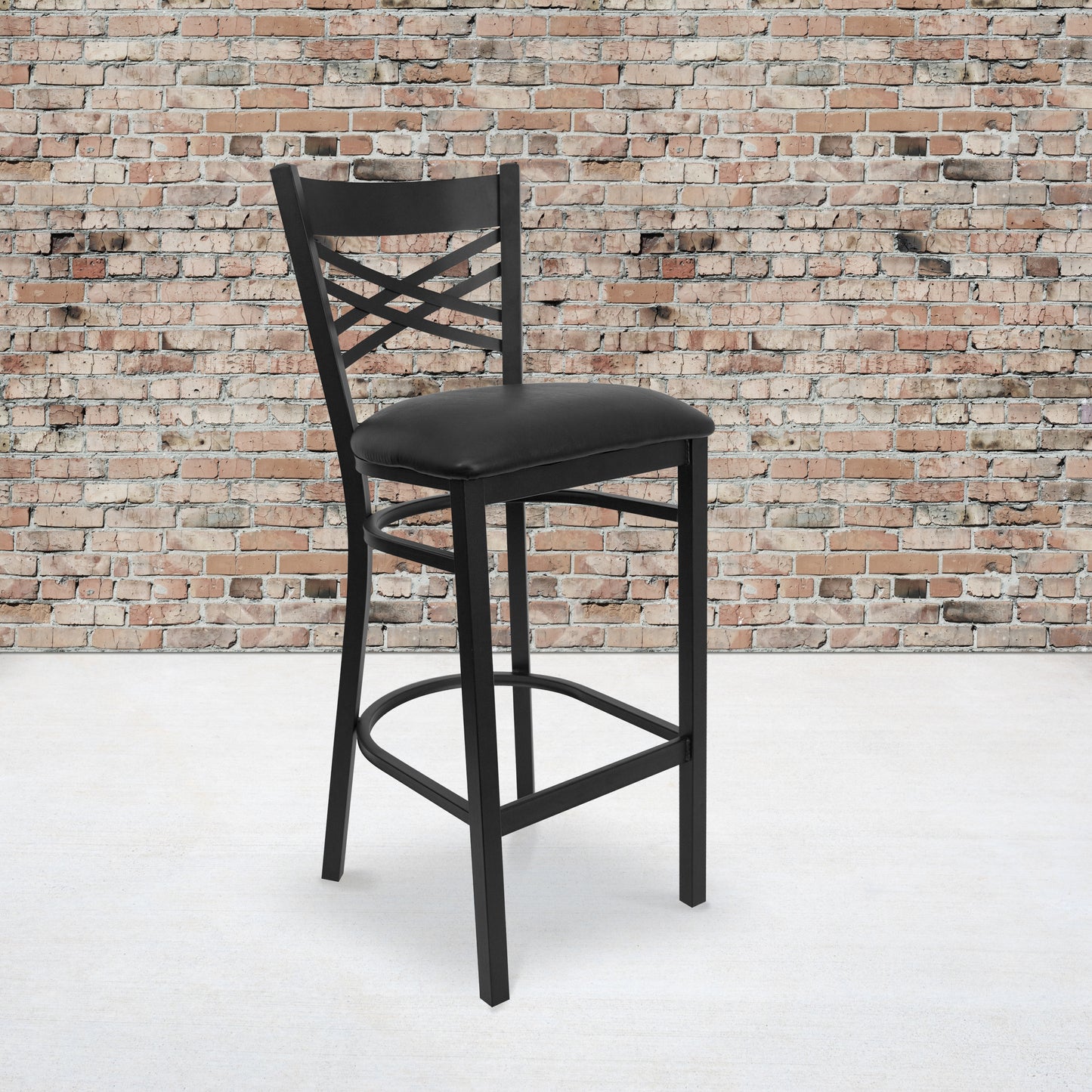 HERCULES Series Black ''X'' Back Metal Restaurant Barstool - Black Vinyl Seat Black Vinyl Seat/Black Metal Frame