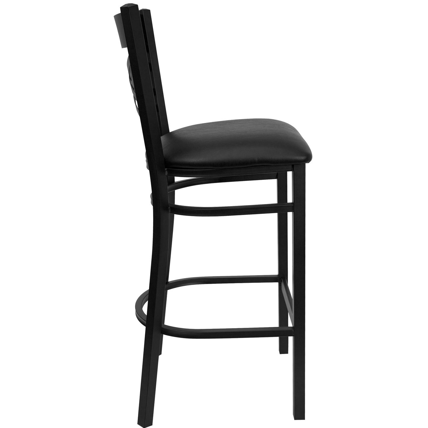 HERCULES Series Black ''X'' Back Metal Restaurant Barstool - Black Vinyl Seat Black Vinyl Seat/Black Metal Frame