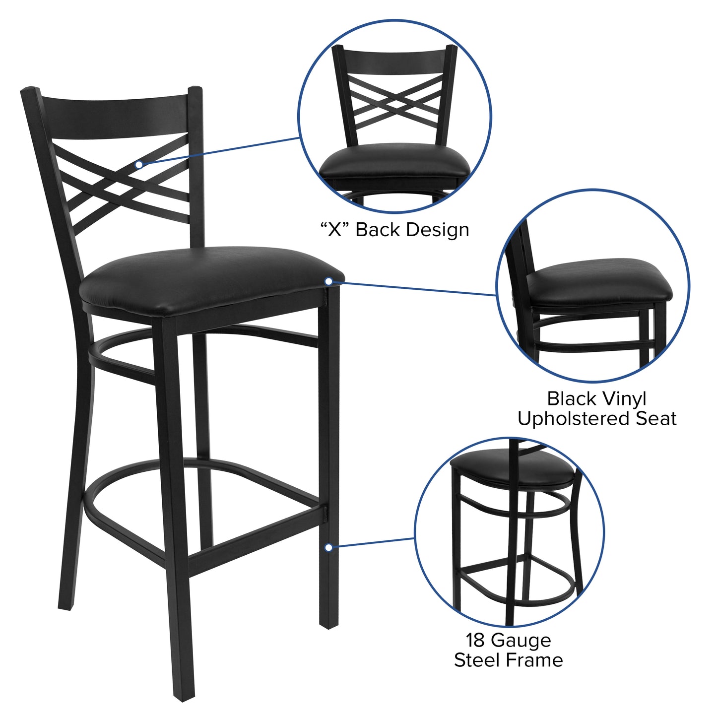 HERCULES Series Black ''X'' Back Metal Restaurant Barstool - Black Vinyl Seat Black Vinyl Seat/Black Metal Frame