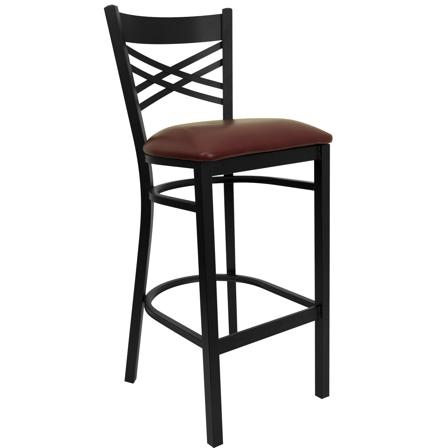 HERCULES Series Black ''X'' Back Metal Restaurant Barstool - Burgundy Vinyl Seat Burgundy Vinyl Seat/Black Metal Frame