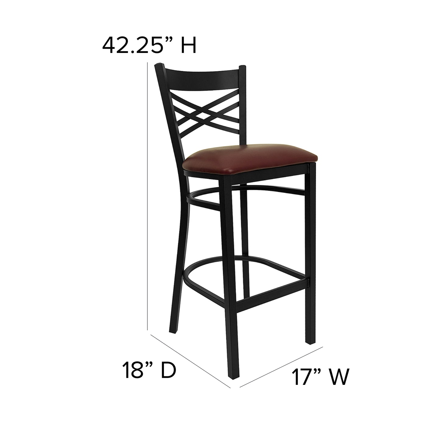 HERCULES Series Black ''X'' Back Metal Restaurant Barstool - Burgundy Vinyl Seat Burgundy Vinyl Seat/Black Metal Frame
