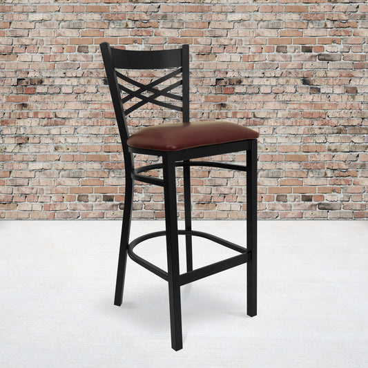 HERCULES Series Black ''X'' Back Metal Restaurant Barstool - Burgundy Vinyl Seat Burgundy Vinyl Seat/Black Metal Frame