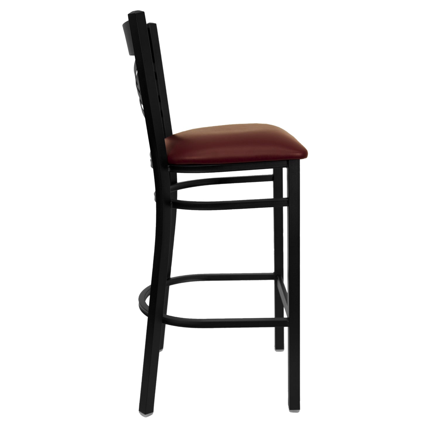 HERCULES Series Black ''X'' Back Metal Restaurant Barstool - Burgundy Vinyl Seat Burgundy Vinyl Seat/Black Metal Frame