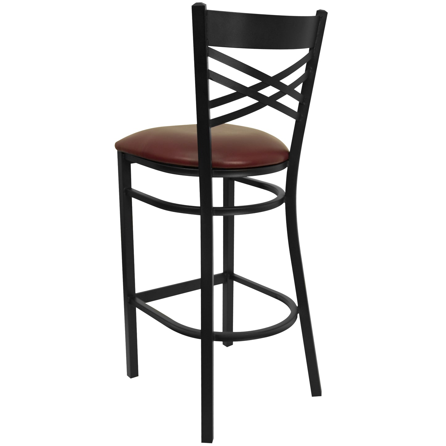HERCULES Series Black ''X'' Back Metal Restaurant Barstool - Burgundy Vinyl Seat Burgundy Vinyl Seat/Black Metal Frame