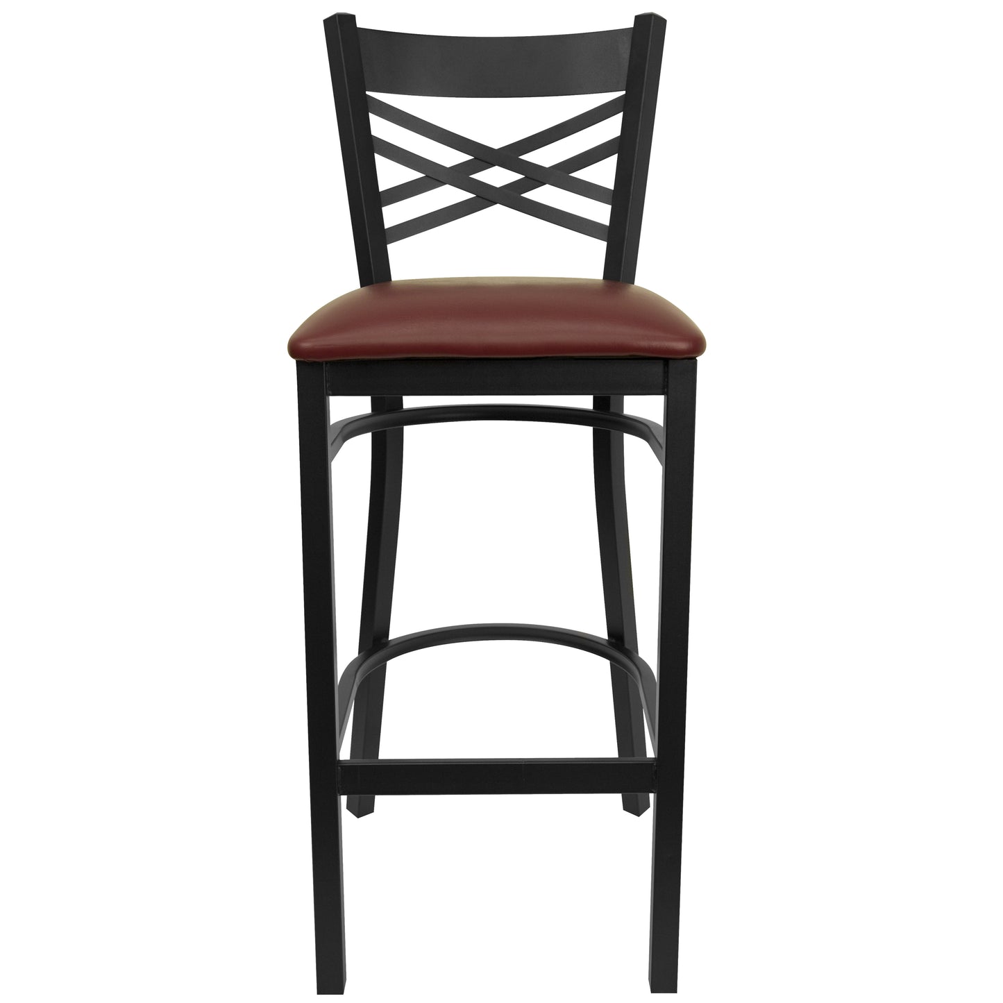 HERCULES Series Black ''X'' Back Metal Restaurant Barstool - Burgundy Vinyl Seat Burgundy Vinyl Seat/Black Metal Frame