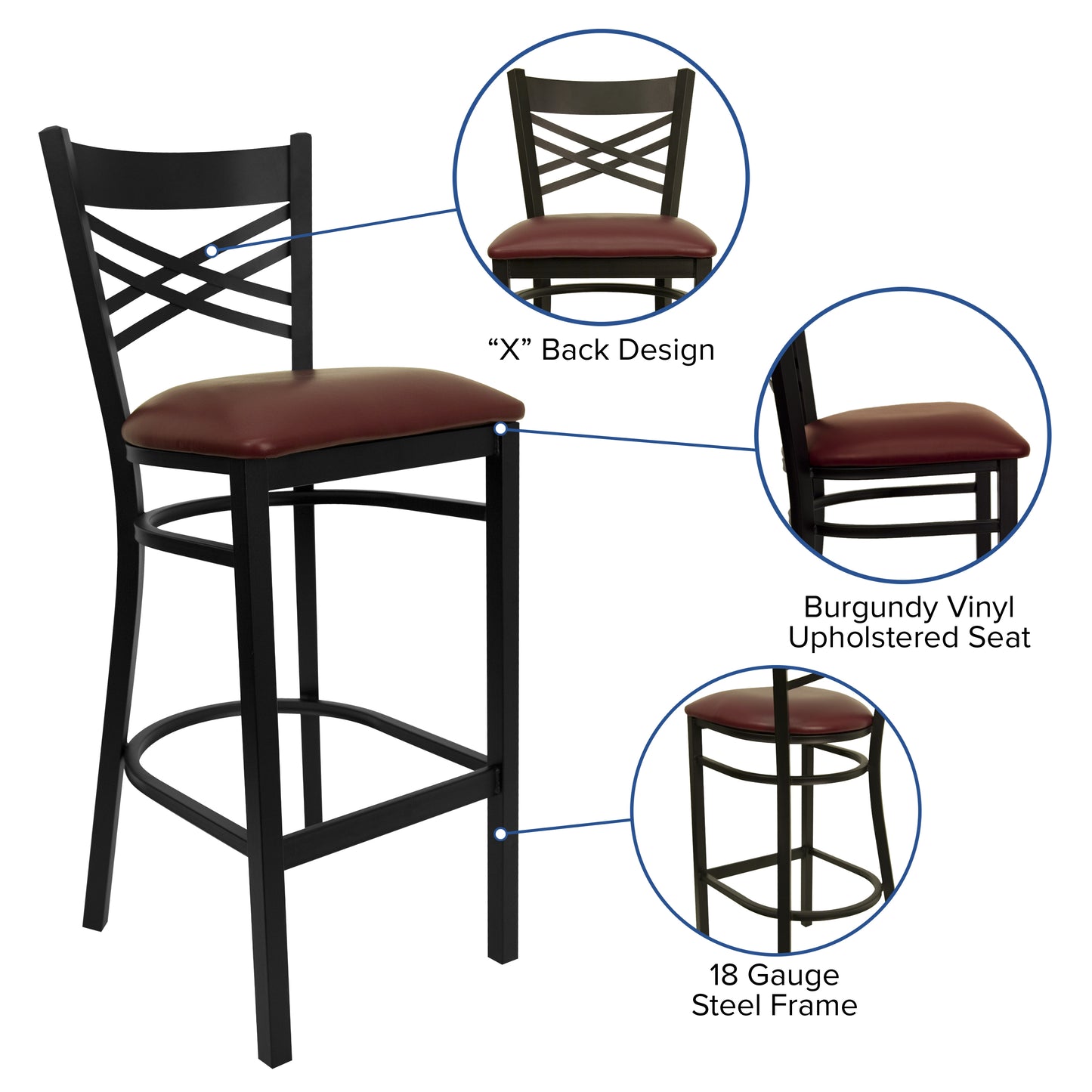 HERCULES Series Black ''X'' Back Metal Restaurant Barstool - Burgundy Vinyl Seat Burgundy Vinyl Seat/Black Metal Frame