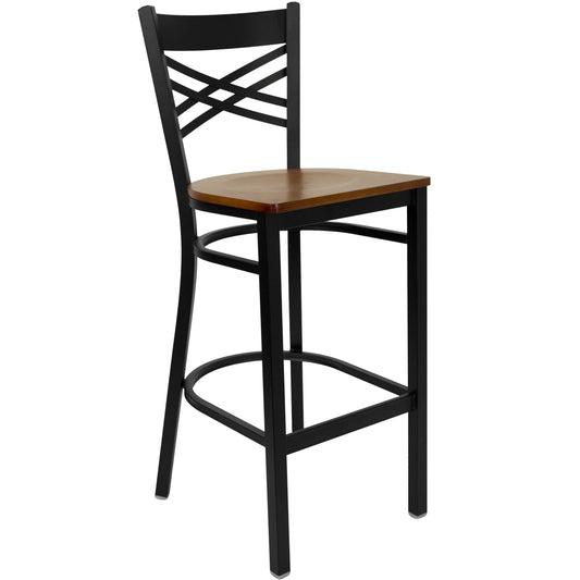 HERCULES Series Black ''X'' Back Metal Restaurant Barstool - Cherry Wood Seat Cherry Wood Seat/Black Metal Frame