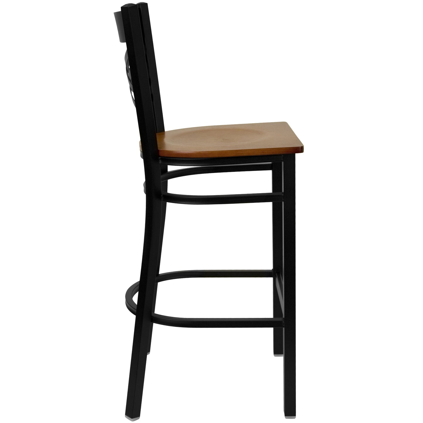 HERCULES Series Black ''X'' Back Metal Restaurant Barstool - Cherry Wood Seat Cherry Wood Seat/Black Metal Frame