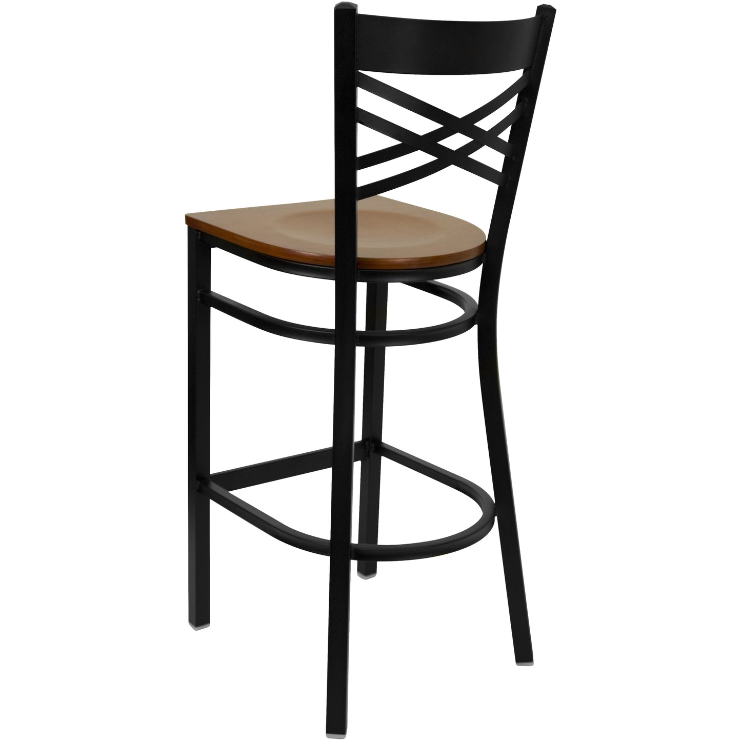 HERCULES Series Black ''X'' Back Metal Restaurant Barstool - Cherry Wood Seat Cherry Wood Seat/Black Metal Frame