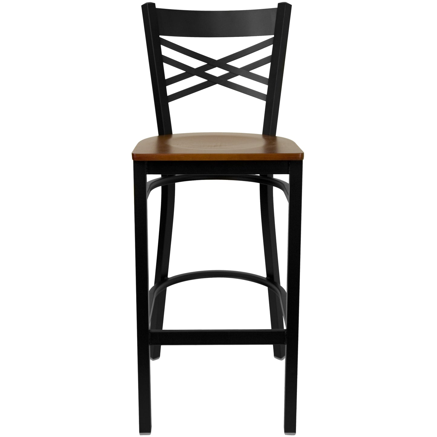 HERCULES Series Black ''X'' Back Metal Restaurant Barstool - Cherry Wood Seat Cherry Wood Seat/Black Metal Frame