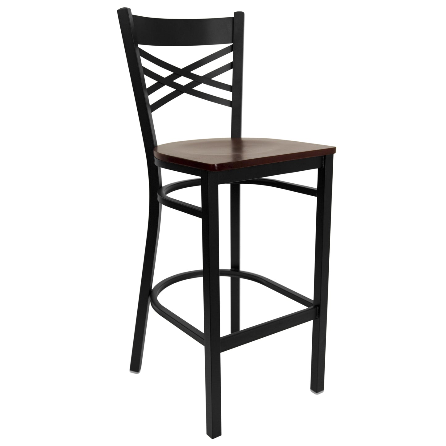 HERCULES Series Black ''X'' Back Metal Restaurant Barstool - Mahogany Wood Seat Mahogany Wood Seat/Black Metal Frame