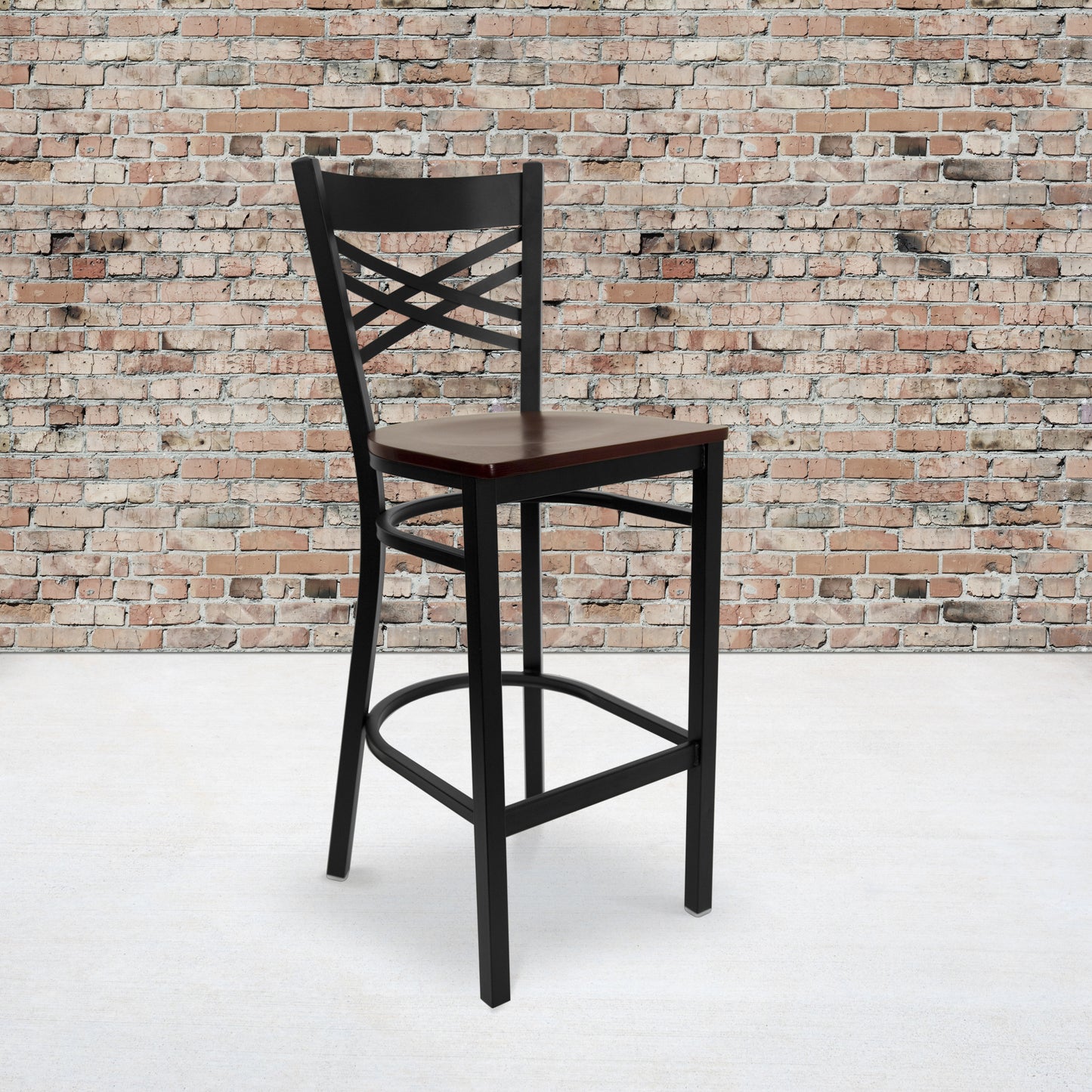 HERCULES Series Black ''X'' Back Metal Restaurant Barstool - Mahogany Wood Seat Mahogany Wood Seat/Black Metal Frame