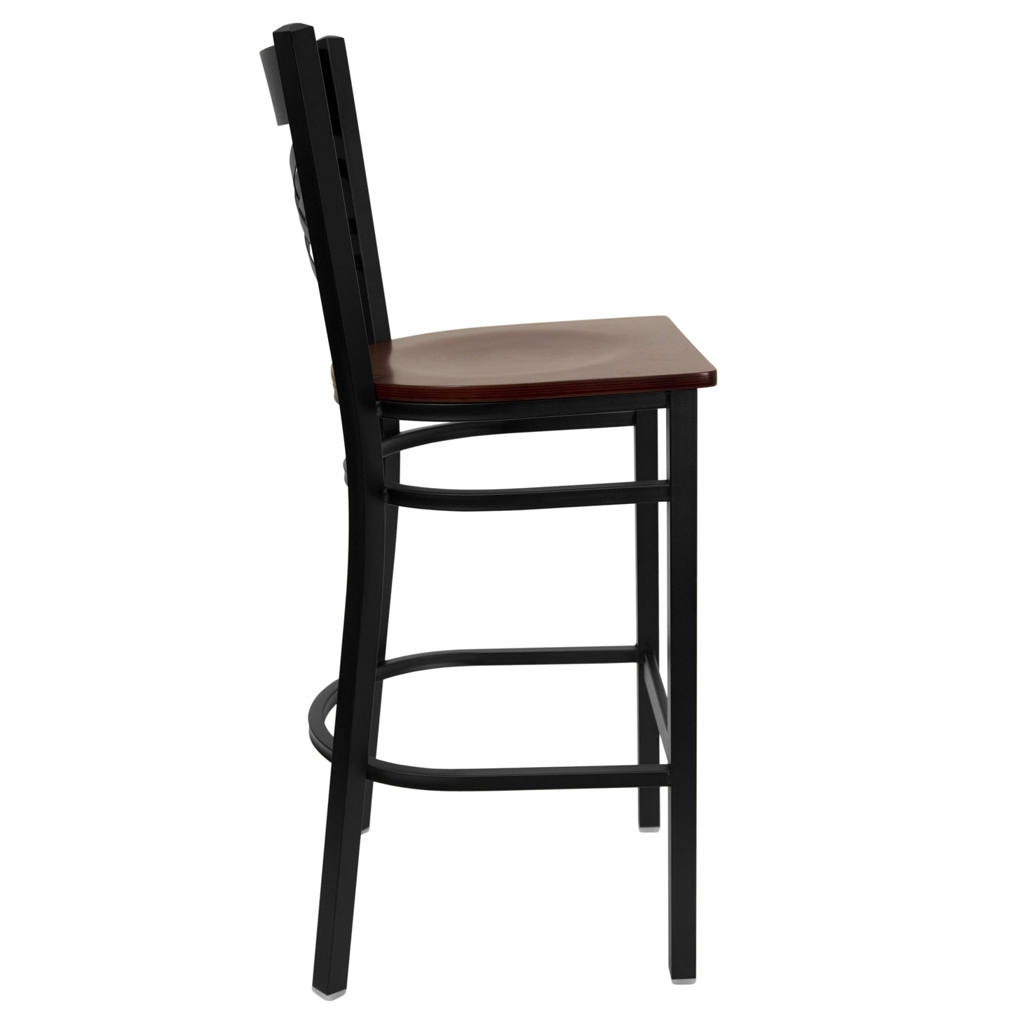 HERCULES Series Black ''X'' Back Metal Restaurant Barstool - Mahogany Wood Seat Mahogany Wood Seat/Black Metal Frame