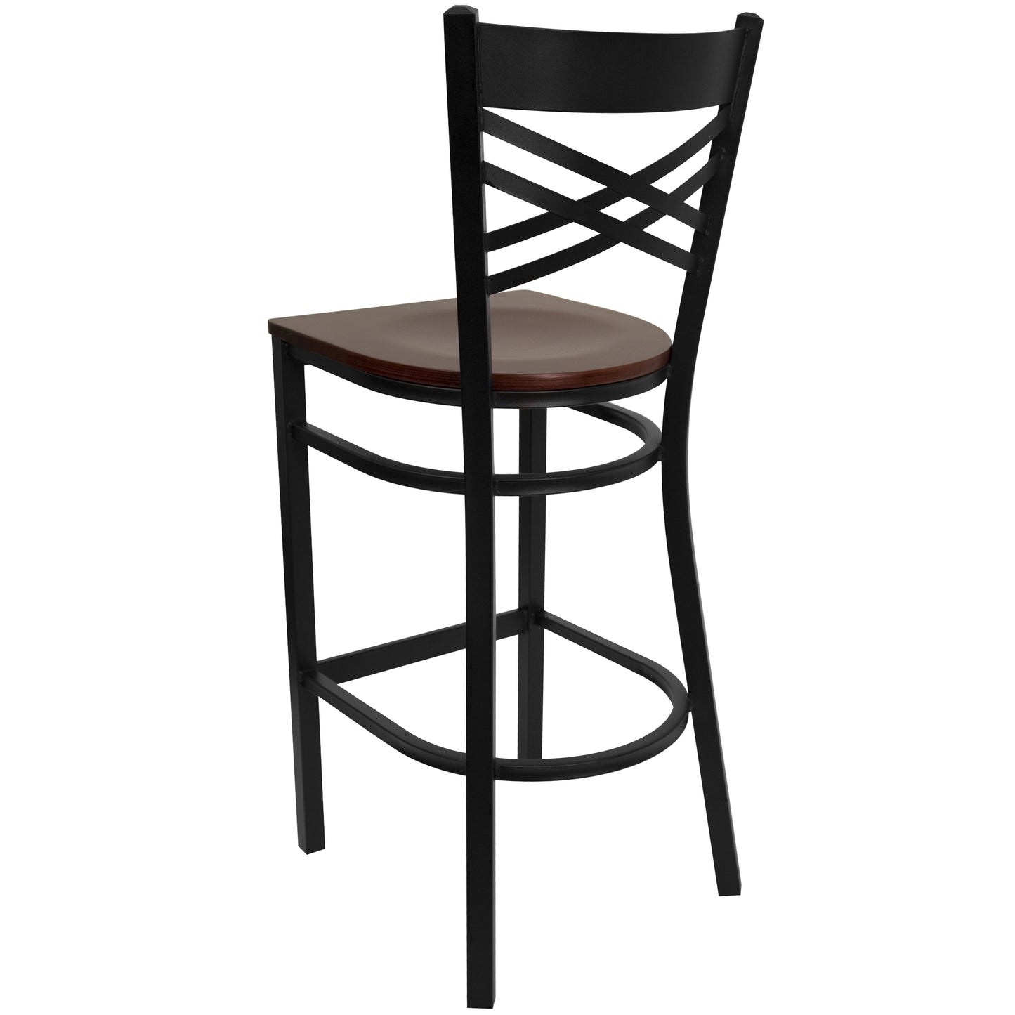 HERCULES Series Black ''X'' Back Metal Restaurant Barstool - Mahogany Wood Seat Mahogany Wood Seat/Black Metal Frame