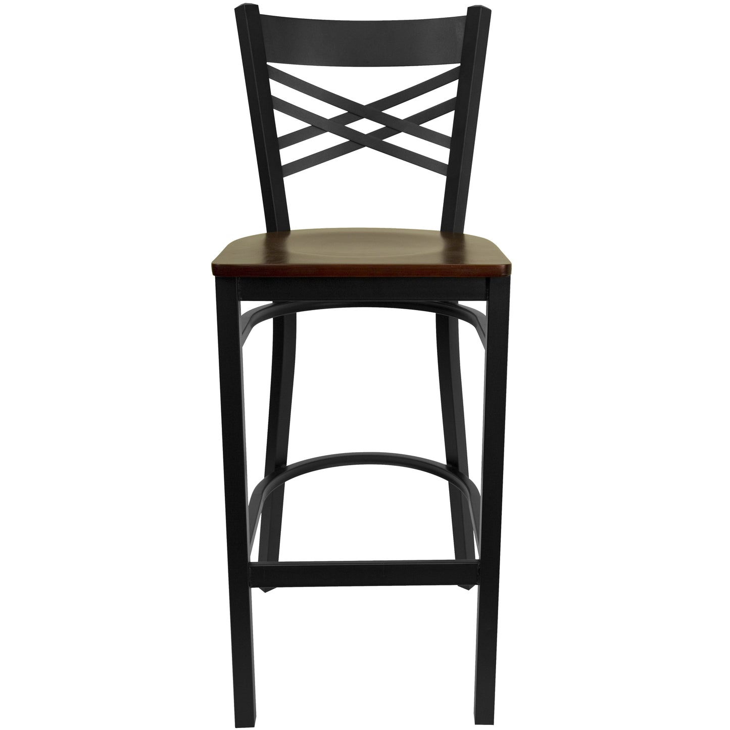 HERCULES Series Black ''X'' Back Metal Restaurant Barstool - Mahogany Wood Seat Mahogany Wood Seat/Black Metal Frame