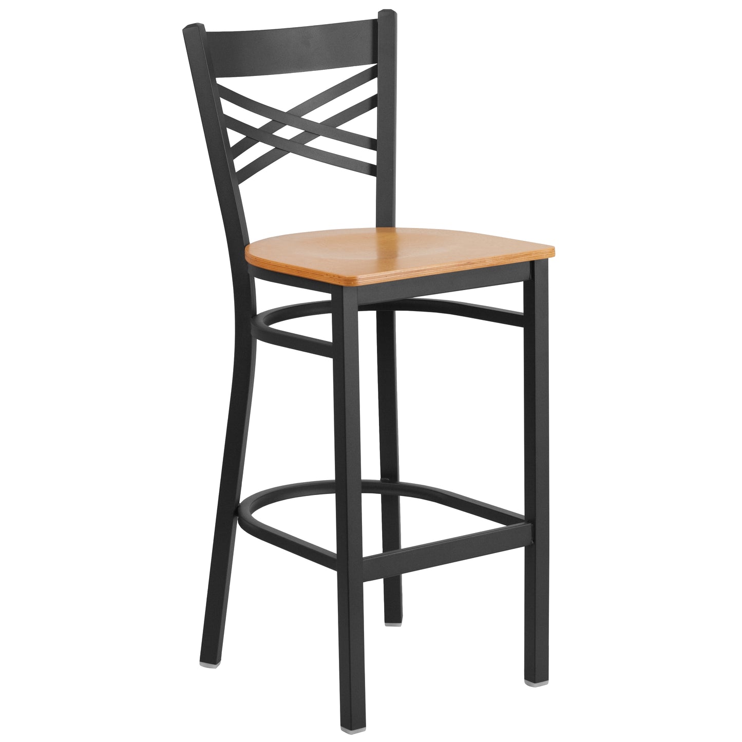HERCULES Series Black ''X'' Back Metal Restaurant Barstool - Natural Wood Seat Natural Wood Seat/Black Metal Frame